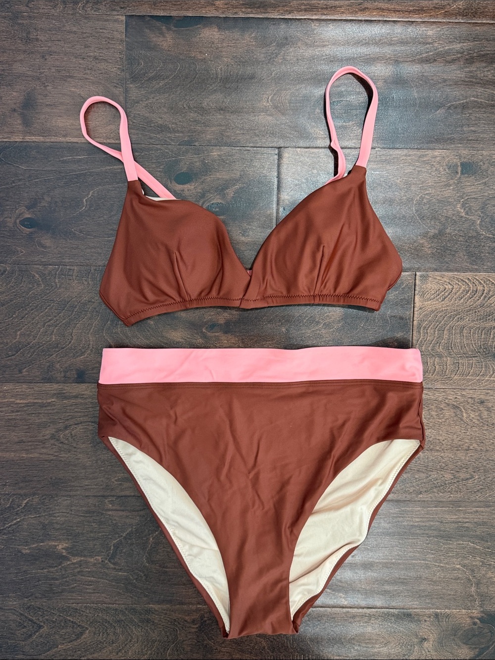 Madewell Women’s Bikini Bathing Swim Suit Brown & Pink High Waist Bottoms, Med